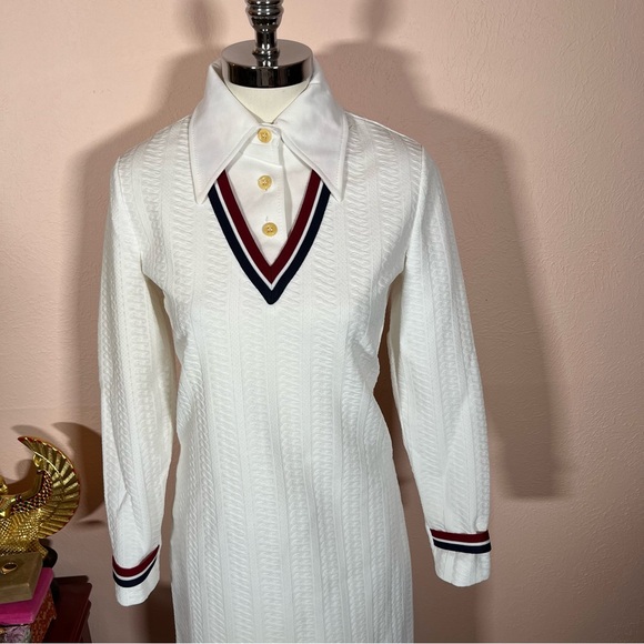 Vintage 1960 70 White Cable knit Long Sleeve Retro Tennis Prep Dress - Picture 16 of 17
